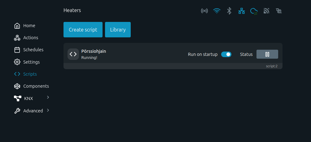 Shelly Scripts view with the Porssiohjain script running