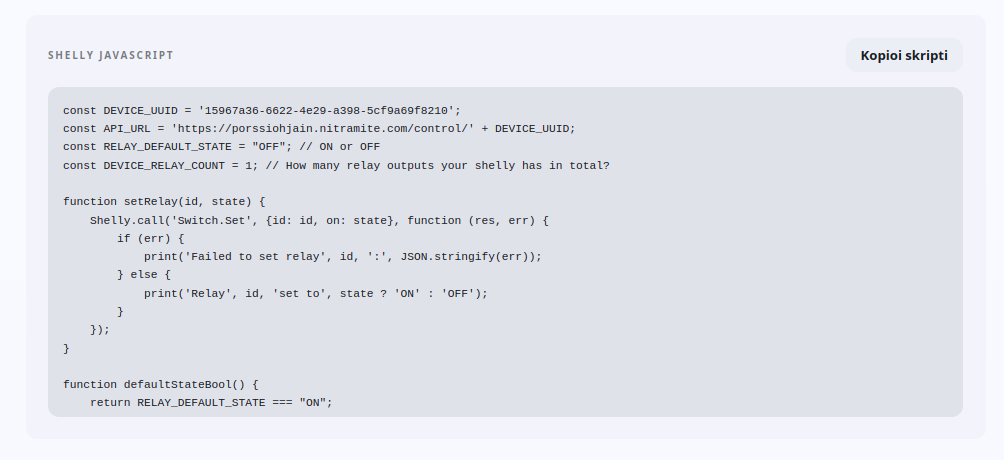 Shelly JavaScript view in Pörssiohjain, where the generated script is copied